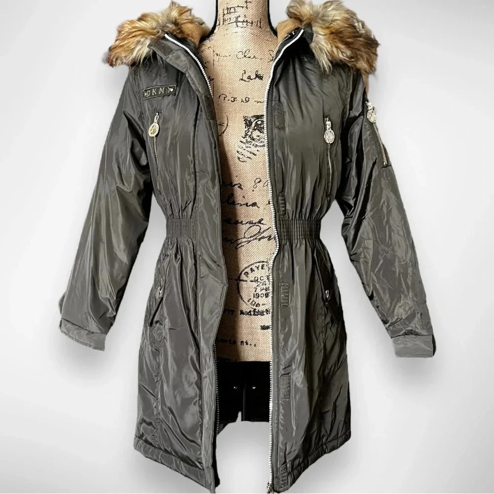 DKNY Girls Olive Green Stadium Parka Cinched Waist Faux‎ Fur Trim Large | NWT
